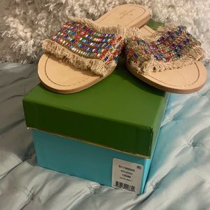 New in Box Kate Spade Solaina Flat Sandals Natural with Rhinestones & Fringe